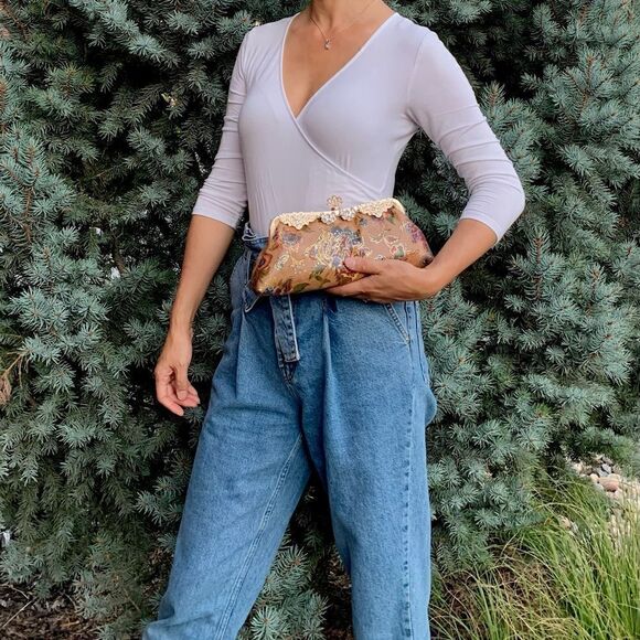 Genuine Leather Retro Floral Print Handmade Push Lock Clutch Bag/Evening Bag - Picture 10 of 15